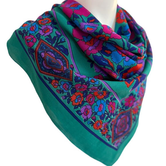 Piramit Vintage Floral Scarf 46” Square – Emerald Green Purple Red Boho Print - Picture 5 of 10